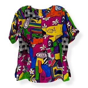 VTG Y.LE.V 100% Silk Blouse Womens Size 8 Short Sleeve Multicolor